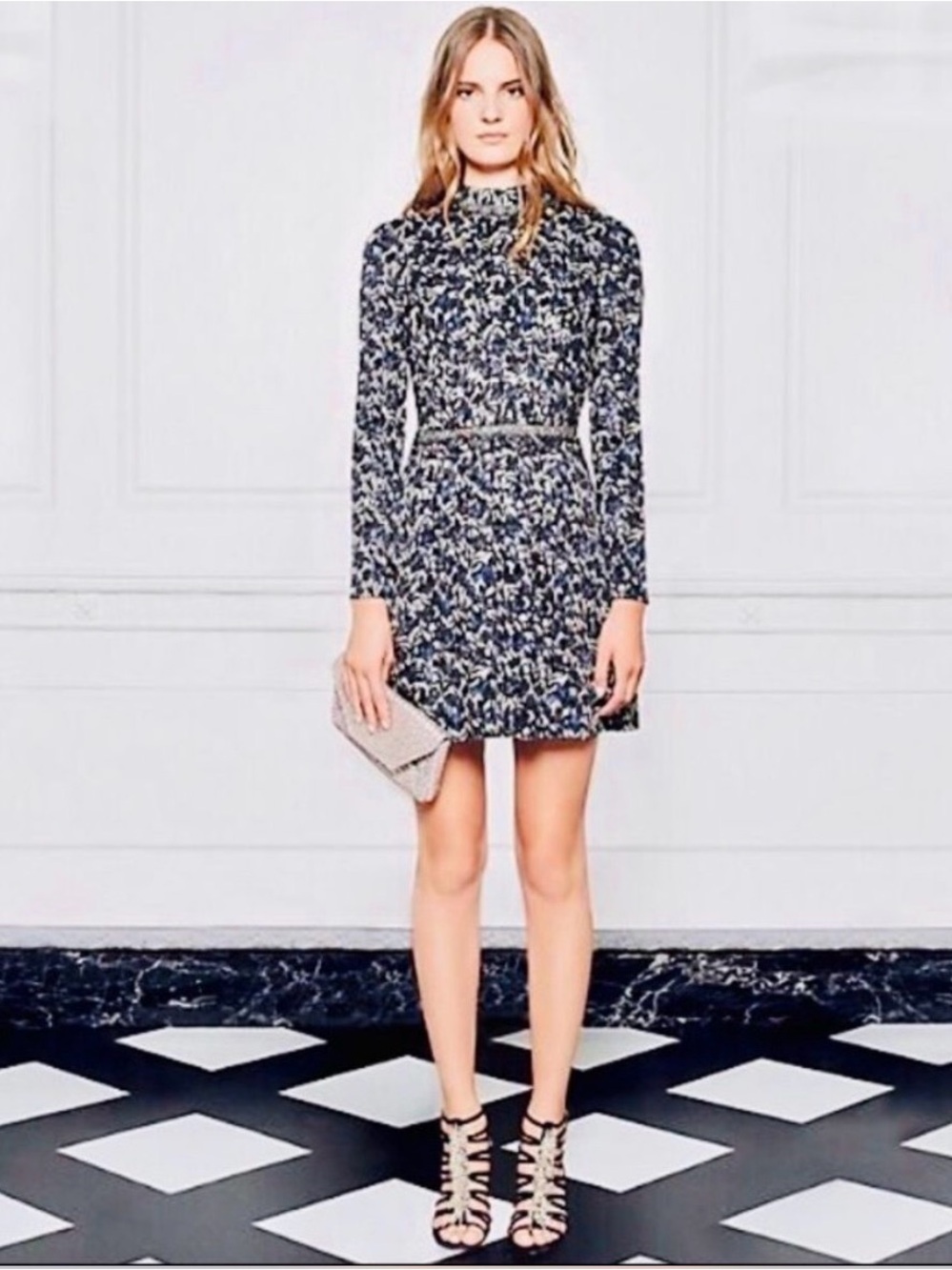 Tory Burch Silk Blend Blue Black Cream Floral Embellished Luxury Mini Dress Sz 0